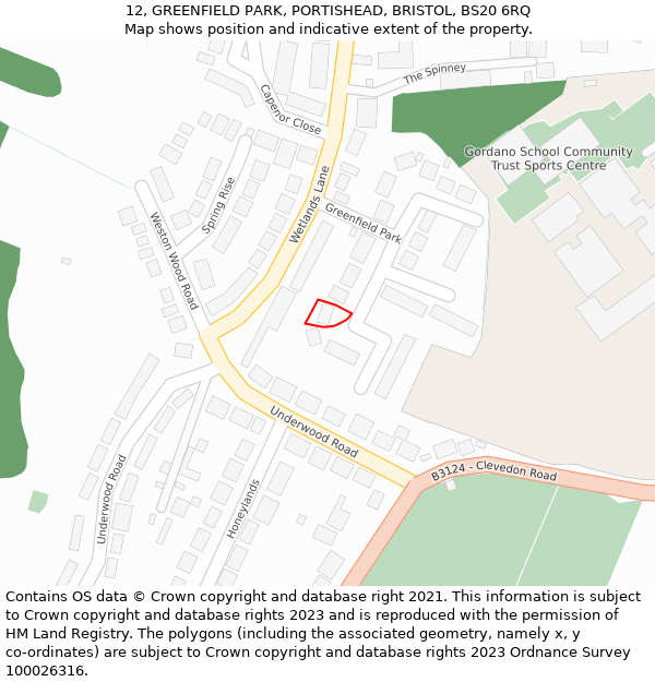 12, GREENFIELD PARK, PORTISHEAD, BRISTOL, BS20 6RQ: Location map and indicative extent of plot