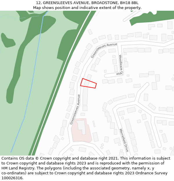12, GREENSLEEVES AVENUE, BROADSTONE, BH18 8BL: Location map and indicative extent of plot
