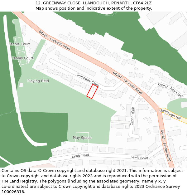 12, GREENWAY CLOSE, LLANDOUGH, PENARTH, CF64 2LZ: Location map and indicative extent of plot