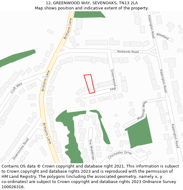 12, GREENWOOD WAY, SEVENOAKS, TN13 2LA: Location map and indicative extent of plot