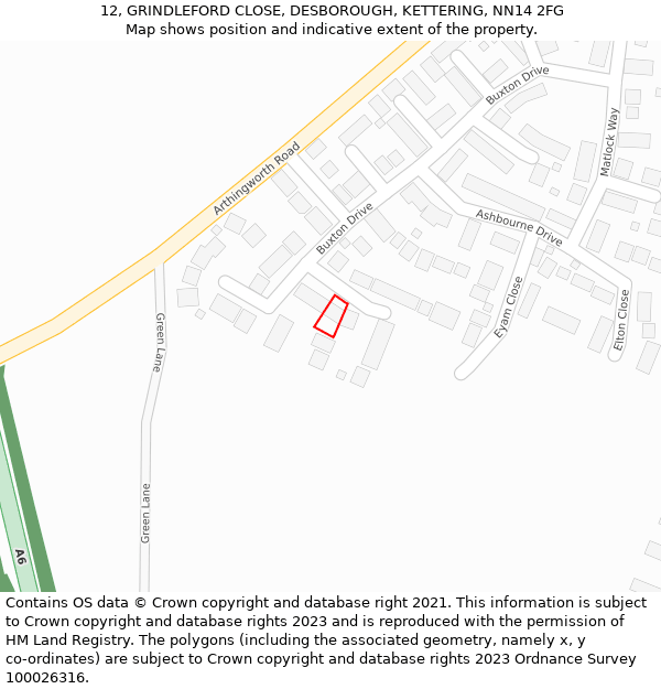 12, GRINDLEFORD CLOSE, DESBOROUGH, KETTERING, NN14 2FG: Location map and indicative extent of plot