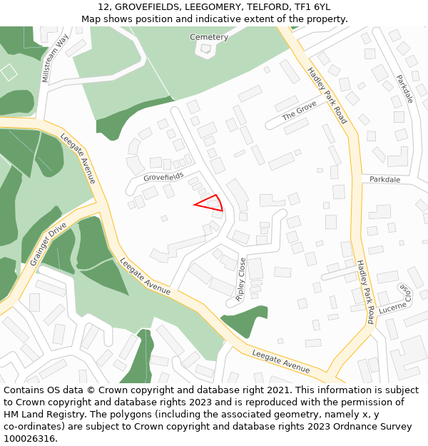 12, GROVEFIELDS, LEEGOMERY, TELFORD, TF1 6YL: Location map and indicative extent of plot