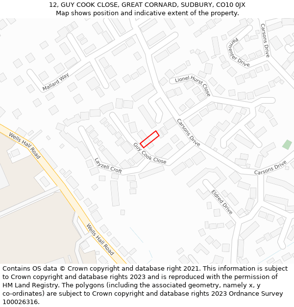 12, GUY COOK CLOSE, GREAT CORNARD, SUDBURY, CO10 0JX: Location map and indicative extent of plot