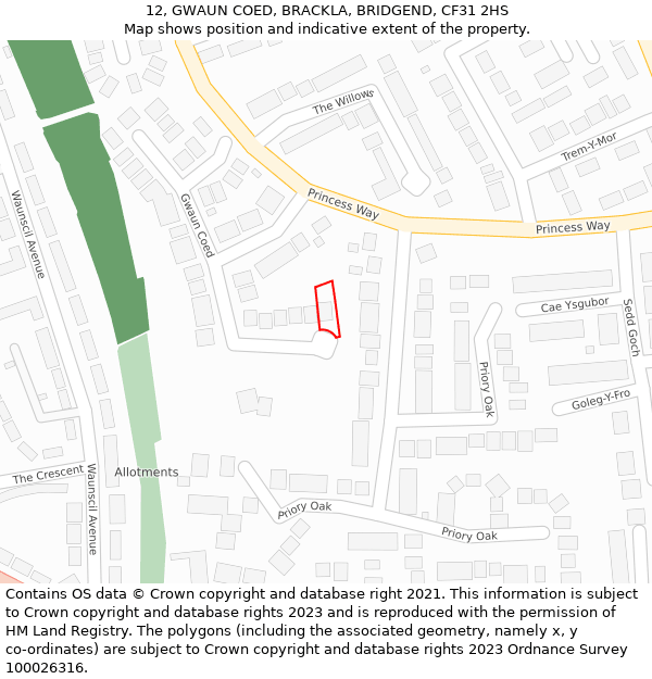 12, GWAUN COED, BRACKLA, BRIDGEND, CF31 2HS: Location map and indicative extent of plot