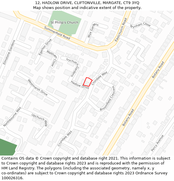 12, HADLOW DRIVE, CLIFTONVILLE, MARGATE, CT9 3YQ: Location map and indicative extent of plot