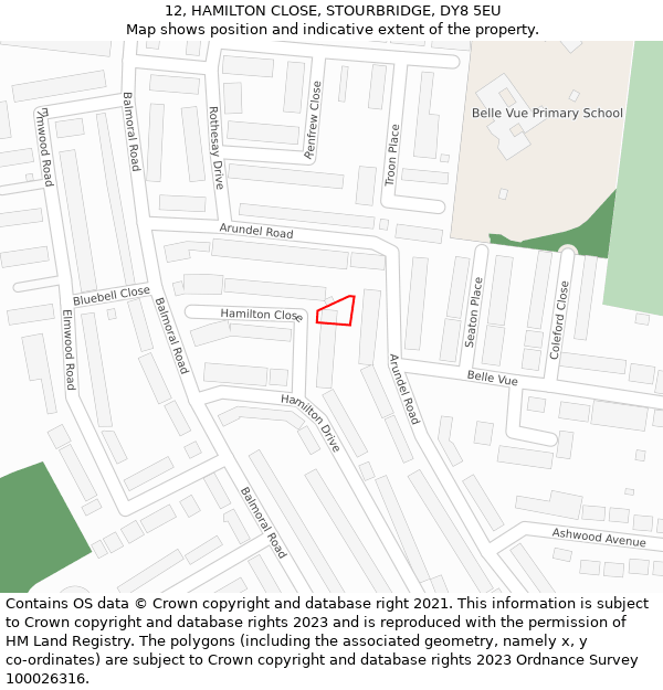 12, HAMILTON CLOSE, STOURBRIDGE, DY8 5EU: Location map and indicative extent of plot
