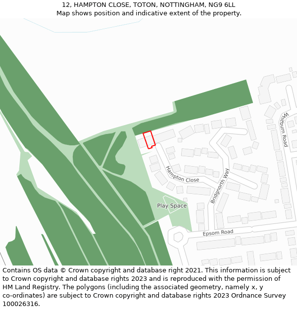 12, HAMPTON CLOSE, TOTON, NOTTINGHAM, NG9 6LL: Location map and indicative extent of plot