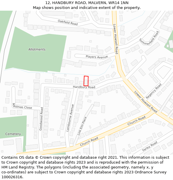 12, HANDBURY ROAD, MALVERN, WR14 1NN: Location map and indicative extent of plot