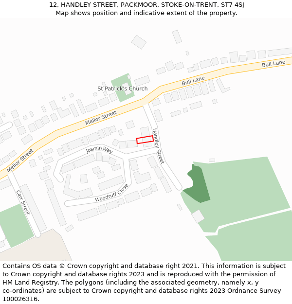 12, HANDLEY STREET, PACKMOOR, STOKE-ON-TRENT, ST7 4SJ: Location map and indicative extent of plot