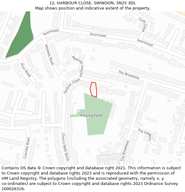 12, HARBOUR CLOSE, SWINDON, SN25 3DL: Location map and indicative extent of plot