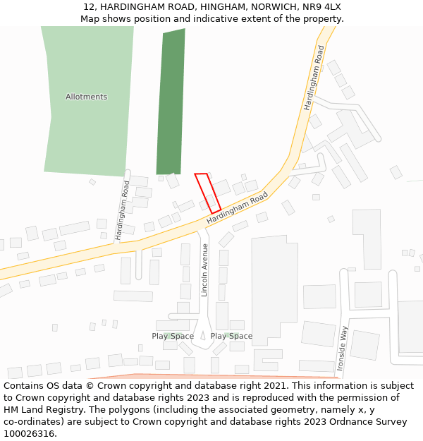 12, HARDINGHAM ROAD, HINGHAM, NORWICH, NR9 4LX: Location map and indicative extent of plot