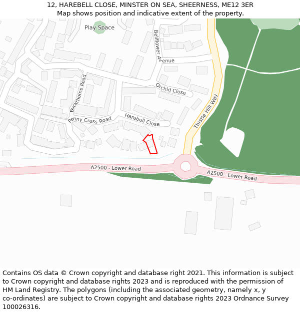 12, HAREBELL CLOSE, MINSTER ON SEA, SHEERNESS, ME12 3ER: Location map and indicative extent of plot