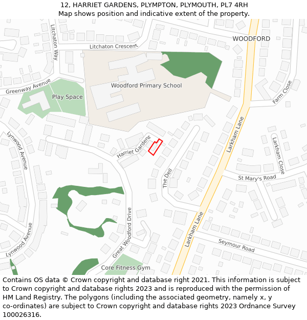 12, HARRIET GARDENS, PLYMPTON, PLYMOUTH, PL7 4RH: Location map and indicative extent of plot
