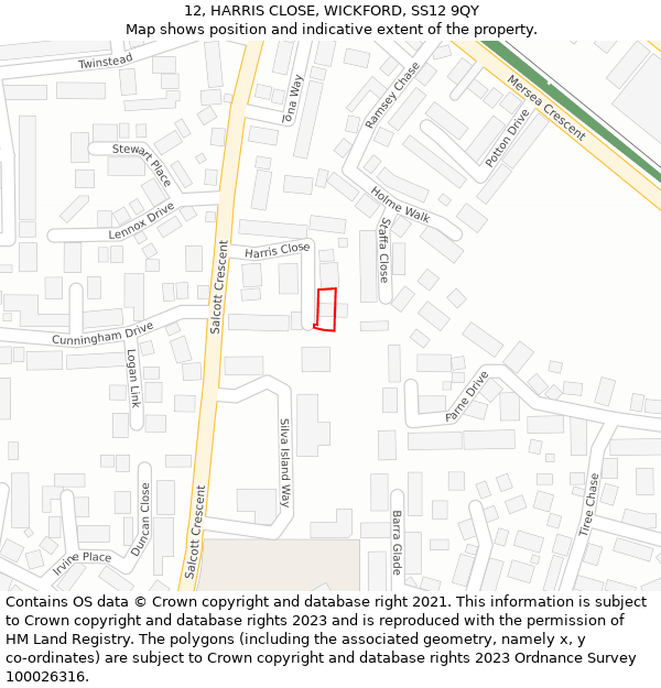 12, HARRIS CLOSE, WICKFORD, SS12 9QY: Location map and indicative extent of plot