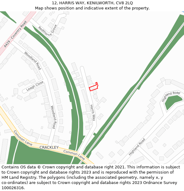 12, HARRIS WAY, KENILWORTH, CV8 2LQ: Location map and indicative extent of plot