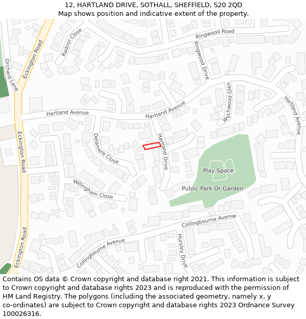 12, HARTLAND DRIVE, SOTHALL, SHEFFIELD, S20 2QD: Location map and indicative extent of plot