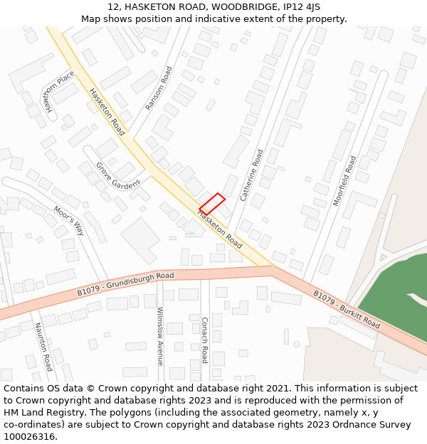 12, HASKETON ROAD, WOODBRIDGE, IP12 4JS: Location map and indicative extent of plot
