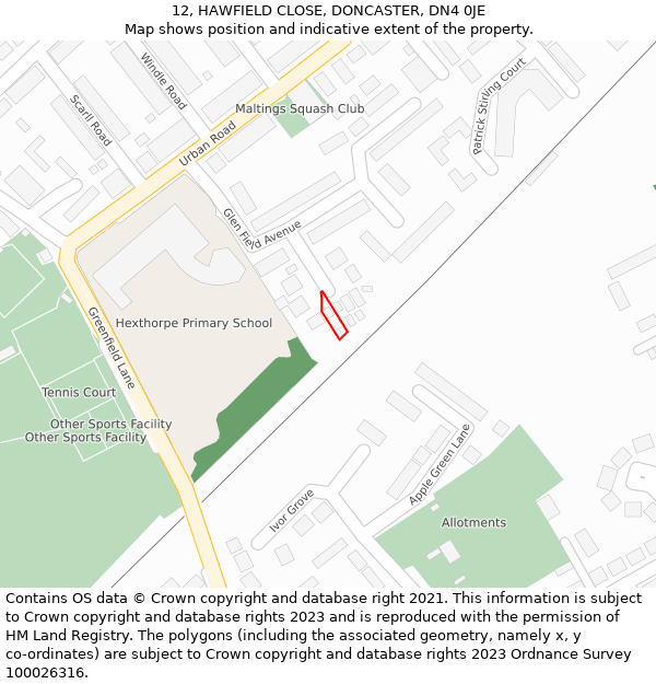 12, HAWFIELD CLOSE, DONCASTER, DN4 0JE: Location map and indicative extent of plot