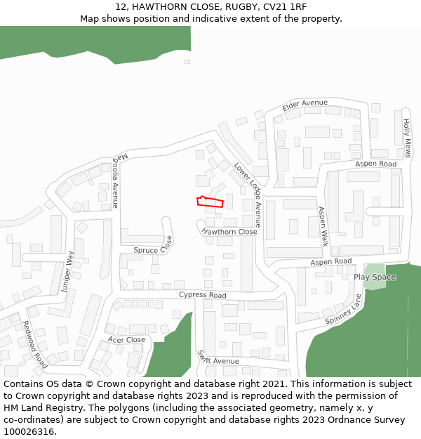 12, HAWTHORN CLOSE, RUGBY, CV21 1RF: Location map and indicative extent of plot