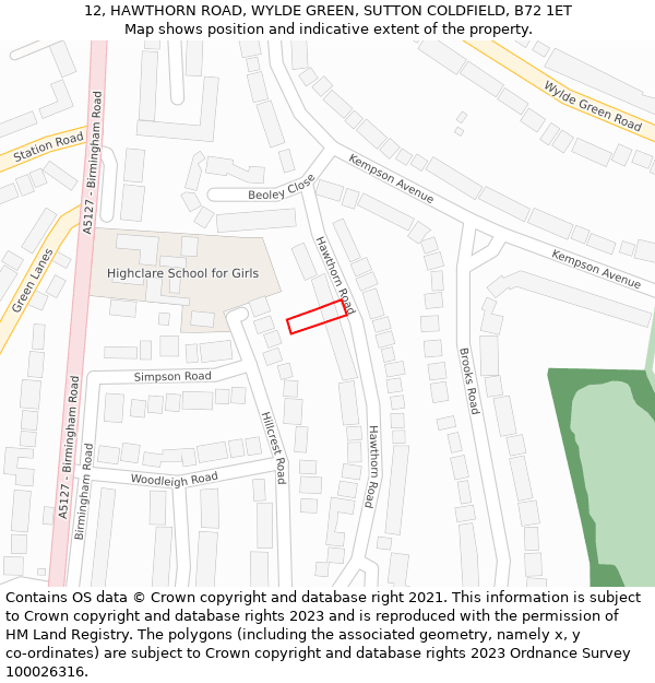 12, HAWTHORN ROAD, WYLDE GREEN, SUTTON COLDFIELD, B72 1ET: Location map and indicative extent of plot