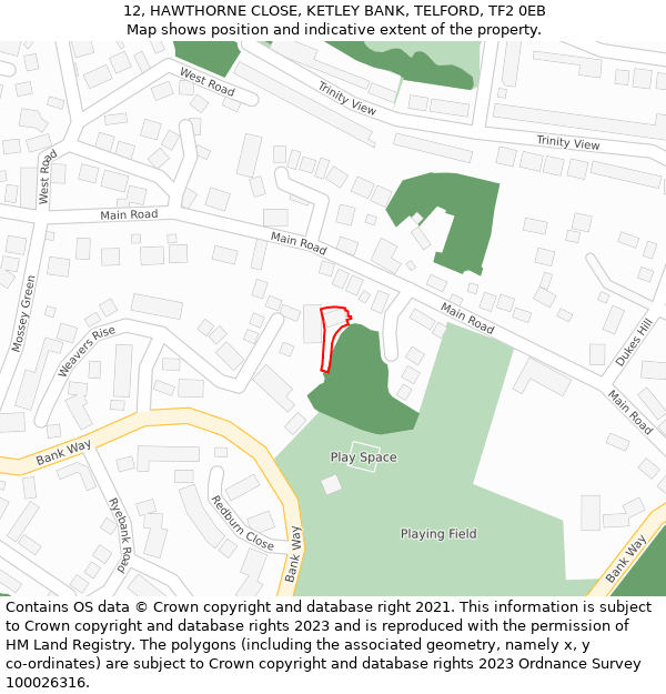 12, HAWTHORNE CLOSE, KETLEY BANK, TELFORD, TF2 0EB: Location map and indicative extent of plot