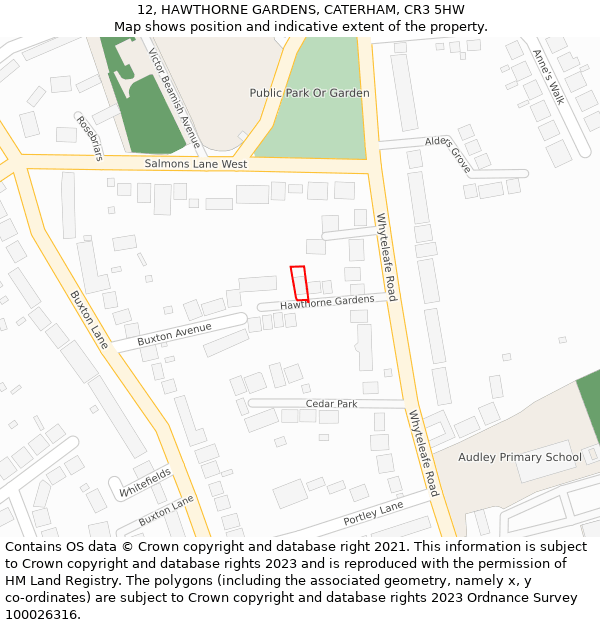 12, HAWTHORNE GARDENS, CATERHAM, CR3 5HW: Location map and indicative extent of plot