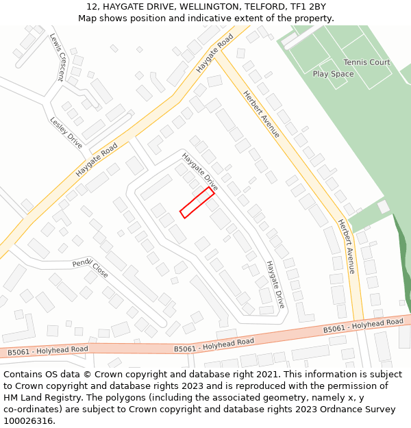 12, HAYGATE DRIVE, WELLINGTON, TELFORD, TF1 2BY: Location map and indicative extent of plot