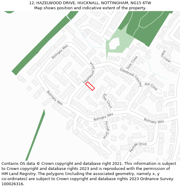 12, HAZELWOOD DRIVE, HUCKNALL, NOTTINGHAM, NG15 6TW: Location map and indicative extent of plot