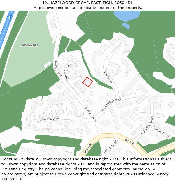 12, HAZELWOOD GROVE, EASTLEIGH, SO50 4DH: Location map and indicative extent of plot