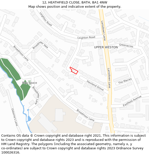 12, HEATHFIELD CLOSE, BATH, BA1 4NW: Location map and indicative extent of plot