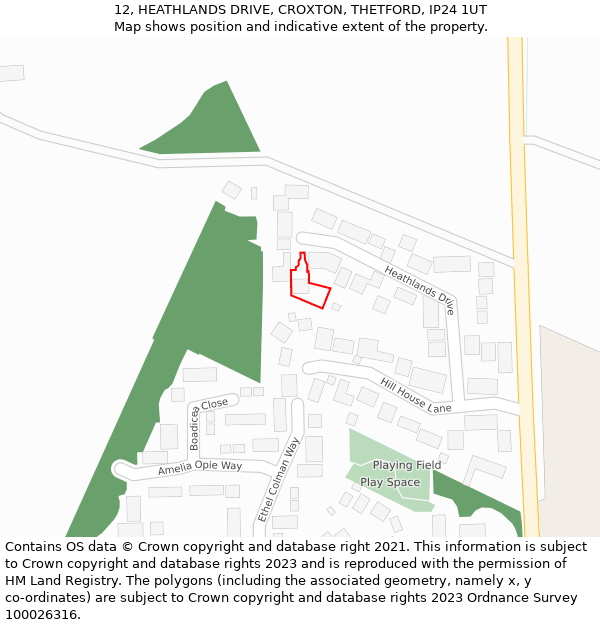 12, HEATHLANDS DRIVE, CROXTON, THETFORD, IP24 1UT: Location map and indicative extent of plot