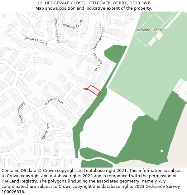 12, HEDGEVALE CLOSE, LITTLEOVER, DERBY, DE23 3WP: Location map and indicative extent of plot