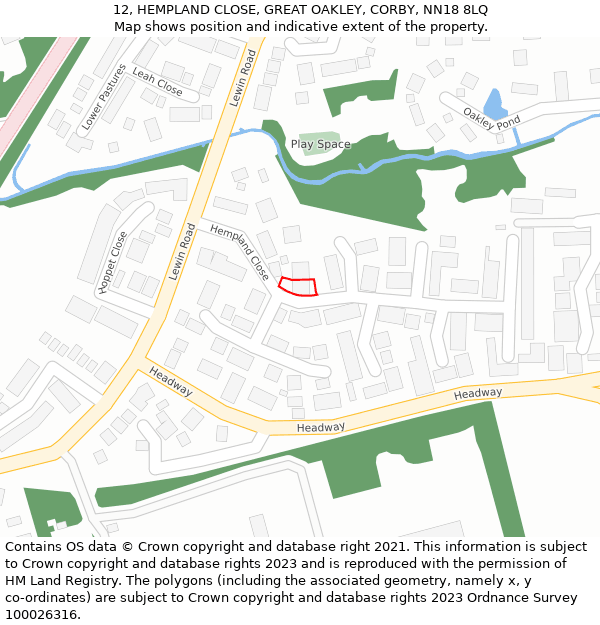 12, HEMPLAND CLOSE, GREAT OAKLEY, CORBY, NN18 8LQ: Location map and indicative extent of plot