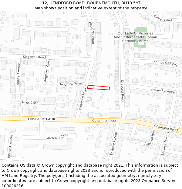 12, HENDFORD ROAD, BOURNEMOUTH, BH10 5AT: Location map and indicative extent of plot