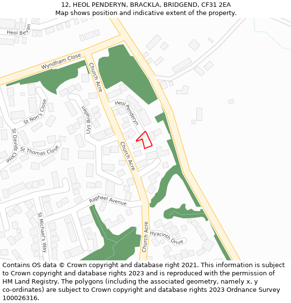12, HEOL PENDERYN, BRACKLA, BRIDGEND, CF31 2EA: Location map and indicative extent of plot