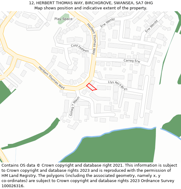 12, HERBERT THOMAS WAY, BIRCHGROVE, SWANSEA, SA7 0HG: Location map and indicative extent of plot