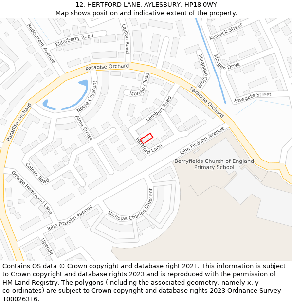 12, HERTFORD LANE, AYLESBURY, HP18 0WY: Location map and indicative extent of plot