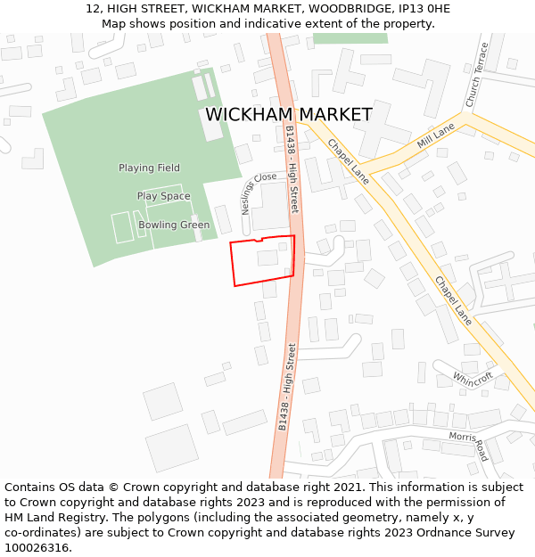 12, HIGH STREET, WICKHAM MARKET, WOODBRIDGE, IP13 0HE: Location map and indicative extent of plot
