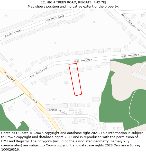 12, HIGH TREES ROAD, REIGATE, RH2 7EJ: Location map and indicative extent of plot