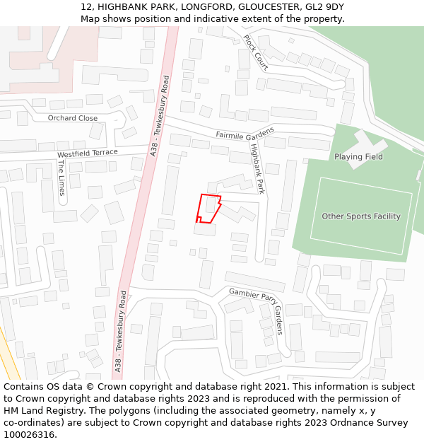 12, HIGHBANK PARK, LONGFORD, GLOUCESTER, GL2 9DY: Location map and indicative extent of plot