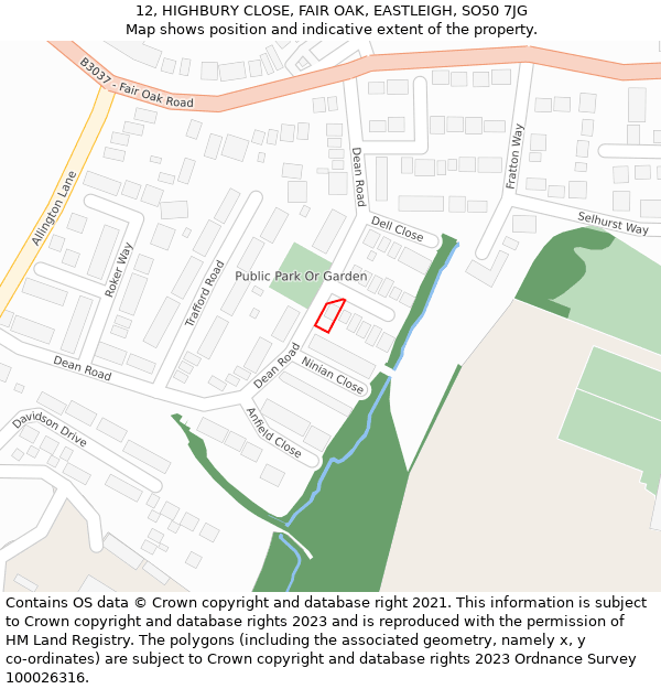 12, HIGHBURY CLOSE, FAIR OAK, EASTLEIGH, SO50 7JG: Location map and indicative extent of plot