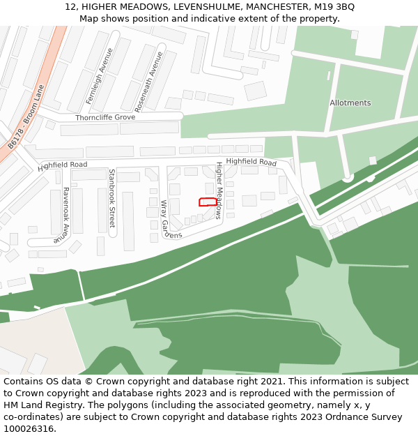 12, HIGHER MEADOWS, LEVENSHULME, MANCHESTER, M19 3BQ: Location map and indicative extent of plot