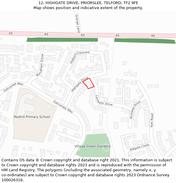 12, HIGHGATE DRIVE, PRIORSLEE, TELFORD, TF2 9FE: Location map and indicative extent of plot