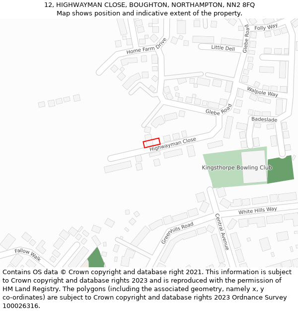 12, HIGHWAYMAN CLOSE, BOUGHTON, NORTHAMPTON, NN2 8FQ: Location map and indicative extent of plot