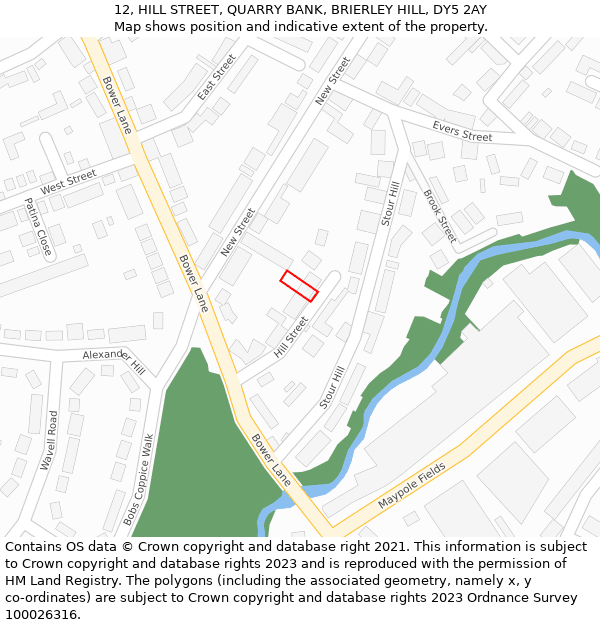 12, HILL STREET, QUARRY BANK, BRIERLEY HILL, DY5 2AY: Location map and indicative extent of plot