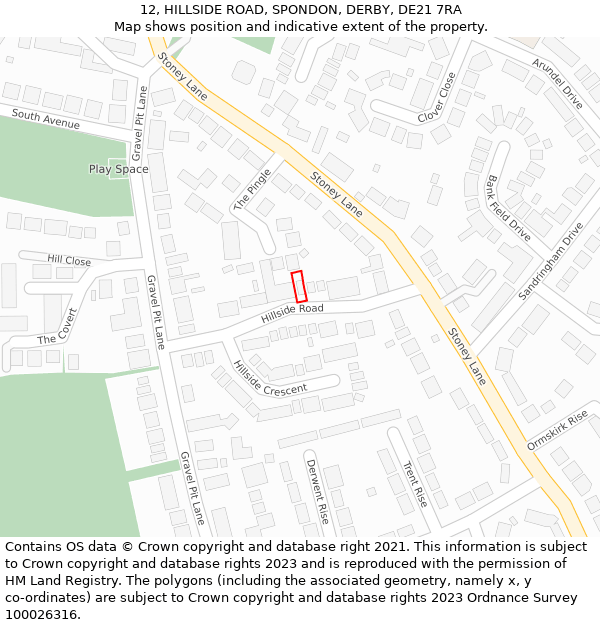 12, HILLSIDE ROAD, SPONDON, DERBY, DE21 7RA: Location map and indicative extent of plot