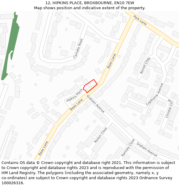 12, HIPKINS PLACE, BROXBOURNE, EN10 7EW: Location map and indicative extent of plot