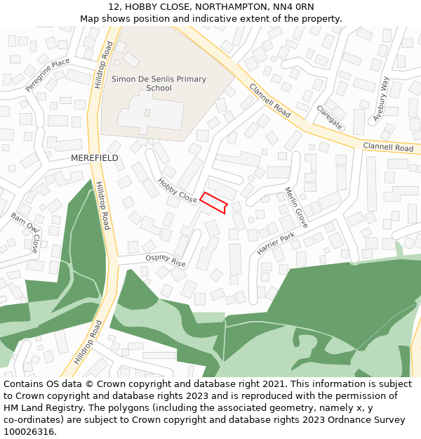 12, HOBBY CLOSE, NORTHAMPTON, NN4 0RN: Location map and indicative extent of plot