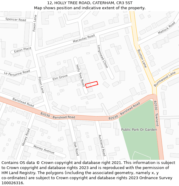 12, HOLLY TREE ROAD, CATERHAM, CR3 5ST: Location map and indicative extent of plot