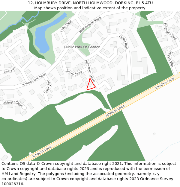 12, HOLMBURY DRIVE, NORTH HOLMWOOD, DORKING, RH5 4TU: Location map and indicative extent of plot